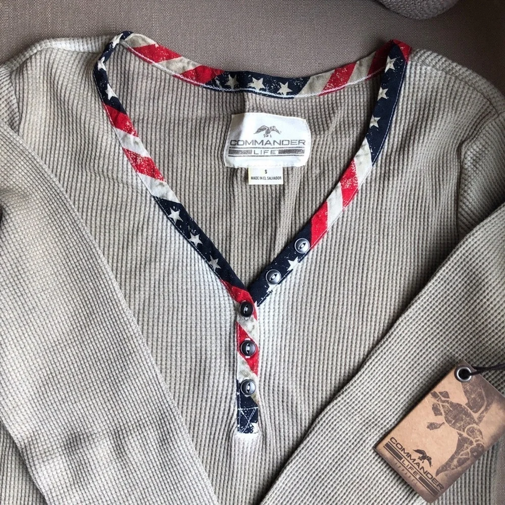 Thermal Tee V neck Stars and Stripes Trim Long Sleeves NEW Tan Red White Blue